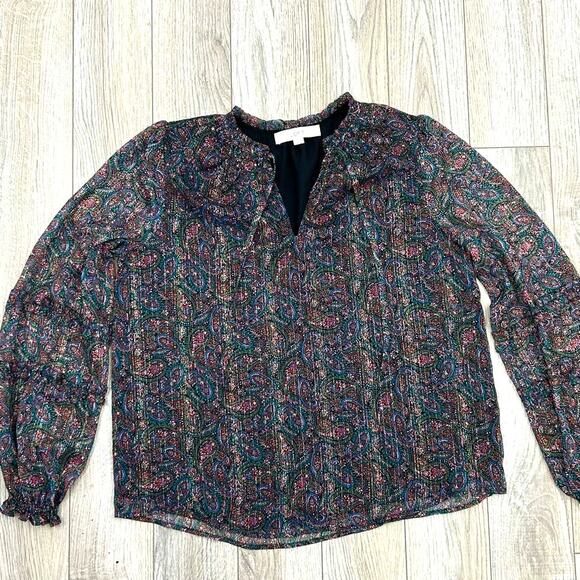 Ann Taylor Loft Jewel Tone Paisley Sheer Long Sleeve Pop Over S Top Moody Nature - Picture 3 of 10